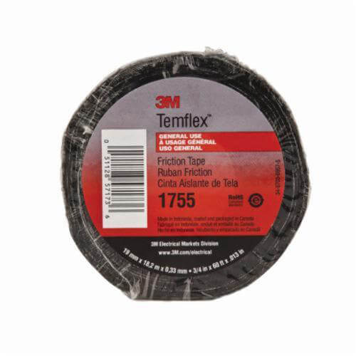 3M™ 00054007502166 Temflex™ Friction Tape, 3/4 in W x 82-1/2 ft L, 13 mm thick, Black