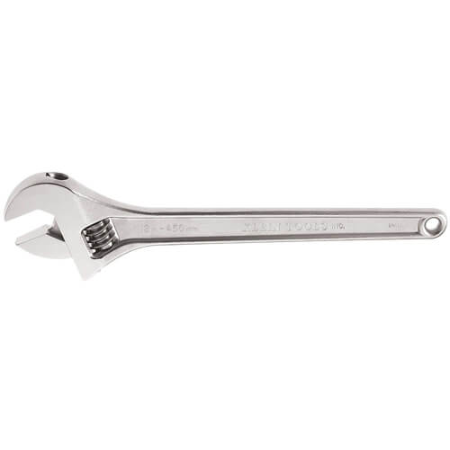 Klein® 500-18 Non-Insulated Standard Capacity Adjustable Wrench, 2-1/16 in, Polished Chrome, 18-1/4 in OAL, Forged Alloy Steel Body, Forged Alloy Steel