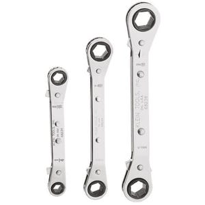 Klein® 68244 Offset Ratcheting Reversible Box Wrench Set, 3 pcs, 1/4 x 5/16 in, 3/8 x 7/16 in, 1/2 x 9/16 in, Polished Chrome