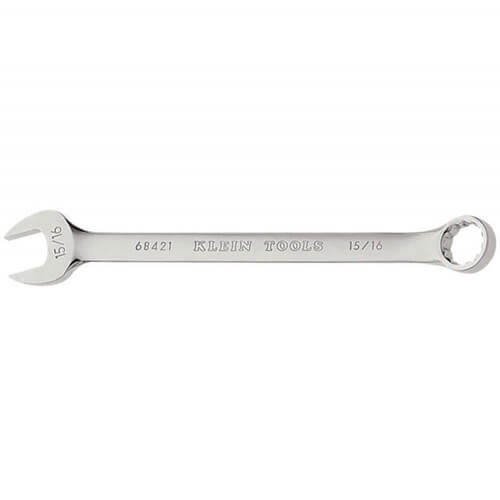 Klein® 68421 Combination Wrench, 15/16 in Wrench, 12 Points, 15° Offset, 12-1/2 in OAL, Forged Alloy Steel, Polished Chrome/Nickel Plated