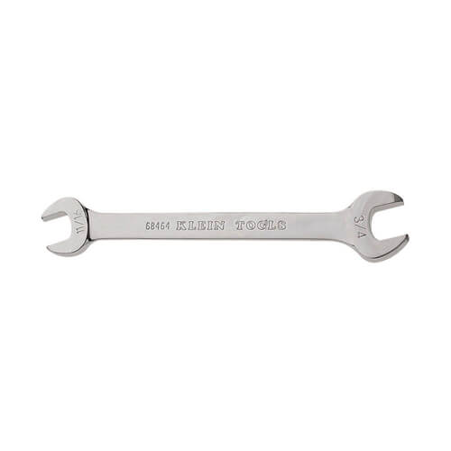Klein® 68464 Open End Wrench, 11/16 x 3/4 in Wrench, Double End Head, 15° Offset, 9 in L, Alloy Steel, Polished Chrome/Nickel Plated
