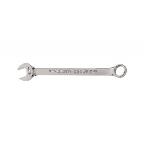 Klein® 68515 Combination Wrench, 15 mm Wrench, 12 Points, 15° Offset, 7-1/2 in OAL, Forged Alloy Steel, Polished Chrome/Nickel Plated