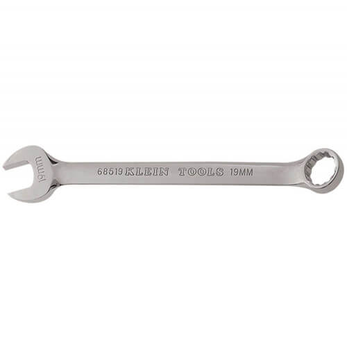 Klein® 68519 Combination Wrench, 19 mm Wrench, 12 Points, 15° Offset, 9-3/4 in OAL, Forged Alloy Steel, Polished Chrome/Nickel Plated