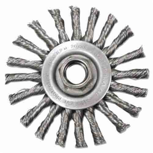 Weiler® 12575 Anderson Narrow Face Wheel Brush, TC Series, 4 in dia Brush, 3/8 in W Face, 0.02 in dia Cable Twist Knot Filament