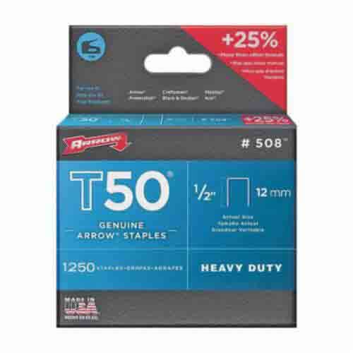 Arrow™ 50824 T50® Heavy Duty Staples, 1/2 in L Leg, 3/8 in W Crown, Steel
