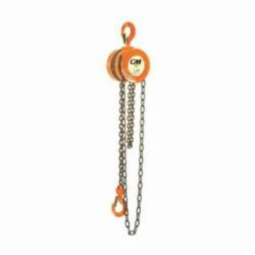 CM® 2262 622 Single Reeved Hand Chain Hoist, 1 ton Load, 20 ft H Lifting, 13 in Min Between Hooks, 1-1/32 in Hook Opening, 77 lb Rated