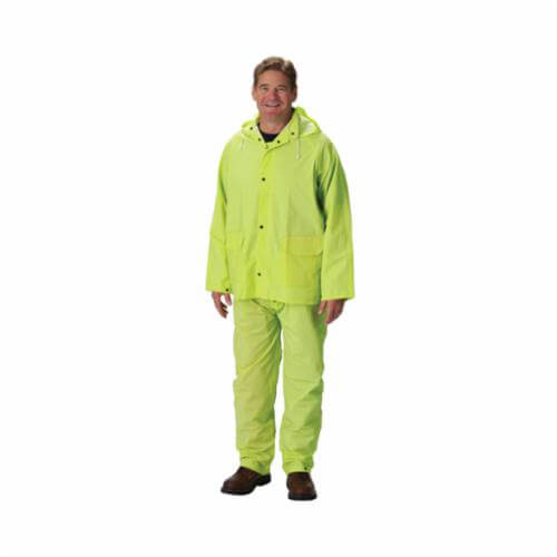 PIP® 201-355M Base35™ 3 pc Premium Rain Suit, M, Hi-Viz Lime Yellow, Polyester/PVC, 47 in Waist, 29-1/2 in L Inseam, Detachable Hood