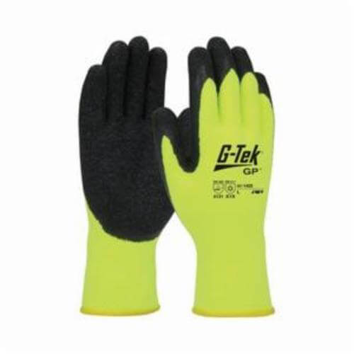 G-Tek® GP™ 41-1425/L General Purpose Gloves, Coated/Cold Protection, L, Latex Palm, Acrylic, Black/Hi-Viz Yellow, Knit Wrist Cuff, Latex Coating