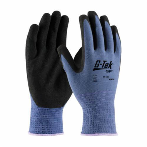 G-Tek® GP™ 34-500/M General Purpose Gloves, Coated, M, Nitrile Palm, Nylon, Black/Blue, Knit Wrist Cuff, Nitrile Coating, Resists: Abrasion, Cut