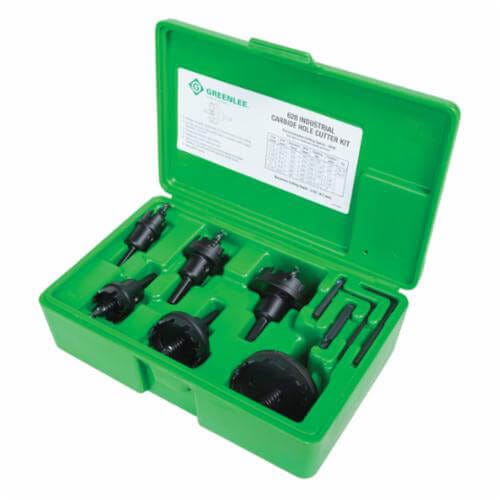 Greenlee® 628 Quick Change Hole Cutter Kit with Fixed Pockets, 7/8 in dia Min Cutter, 2-1/2 in dia Max Cutter, 8 pc