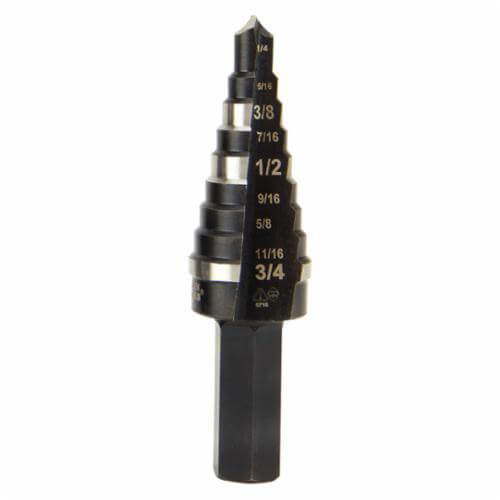 Klein® KTSB03 Step Drill Bit, 1/4 in dia Min Hole, 3/4 in dia Max Hole, Steel, 3/8 in Shank