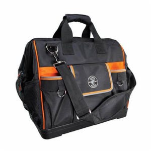 Klein® Tradesman Pro™ 55469 42-Pocket Wide Open Zipper Closure Tool Bag, 1680D Ballistic Weave, Black/Orange