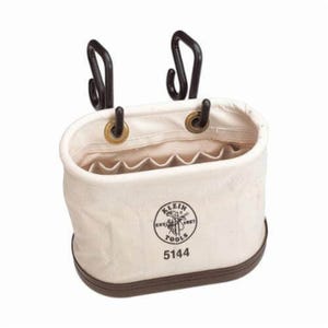 Klein® 5144 Oval Shape Aerial Tool Bucket with Hooks, 10 in H x 7 in W x 14 in D, 15 pocket, Canvas, Natural