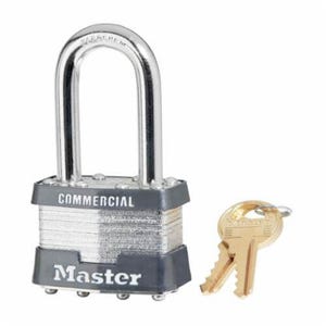 Master Lock® 1KALF Safety Padlock, Commercial Grade Non-Rekeyable, Alike Key, Laminated Steel Body, 5/16 in Shackle dia