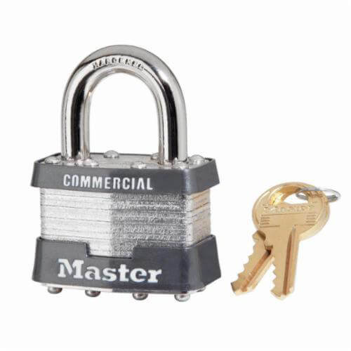 Master Lock® 1KAW1RSV Commercial Grade Non-Rekeyable Safety Padlock, Alike Key, 5/16 in Shackle, Laminated Steel Body