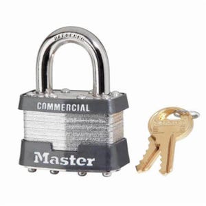 Master Lock® 1KAW1RSV Commercial Grade Non-Rekeyable Safety Padlock, Alike Key, 5/16 in Shackle, Laminated Steel Body