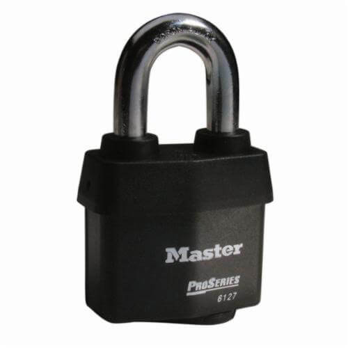Master Lock® Weather Tough® 6127 ProSeries® Rekeyable Safety Padlock, Keyed Different Key, 7/16 in Shackle, Laminated Steel Body