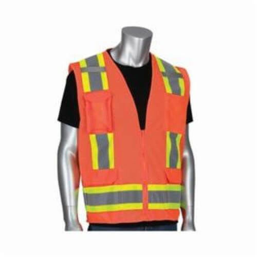 PIP® 302-0500M-OR/2X 2-Tone Surveyor Safety Vest, 2XL, Hi-Viz Orange, Polyester, Zipper Closure, 11 Pockets, ANSI Class: Class 2