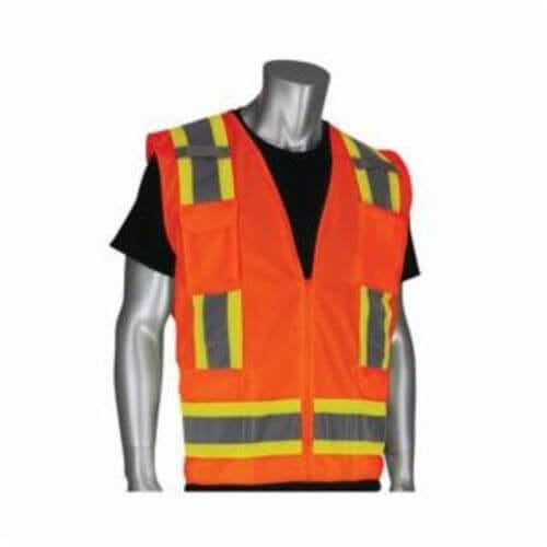 PIP® 302-0500-ORG/L 2-Tone Surveyor Safety Vest, L, Hi-Viz Orange, Polyester/Solid Tricot, Zipper Closure, 11 Pockets