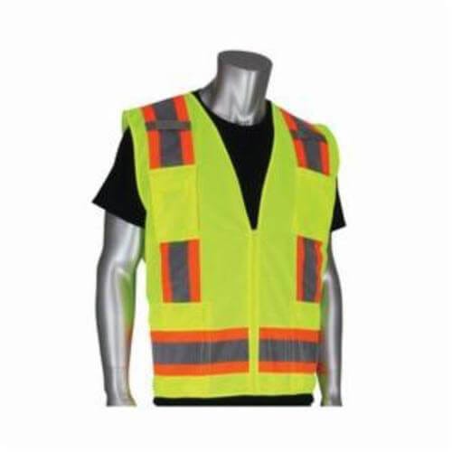 PIP® 302-0500-YEL/M 2-Tone Surveyor Safety Vest, M, Hi-Viz Lime Yellow, Polyester/Solid Tricot, Zipper Closure, 11 Pockets