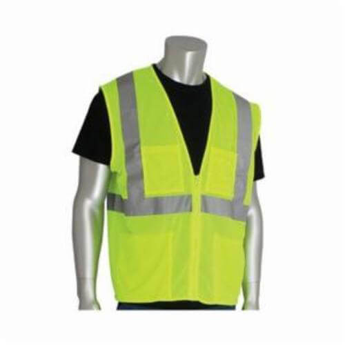 PIP® 302-MVGZ4PLY-XL Safety Vest, XL, Hi-Viz Lime Yellow, Polyester Mesh, Zipper Closure, 4 Pockets, ANSI Class 2, ANSI 107 Type R