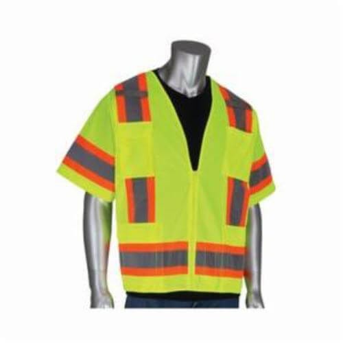 PIP® 303-0500-LY/L 2-Tone Surveyor Safety Vest, L, Hi-Viz Lime Yellow, Polyester Mesh/Solid Tricot, Zipper Closure, 11 Pockets
