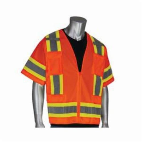 PIP® 303-0500-OR/XL 2-Tone Surveyor Safety Vest, XL, Hi-Viz Orange, Polyester Mesh/Solid Tricot, Zipper Closure, 11 Pockets