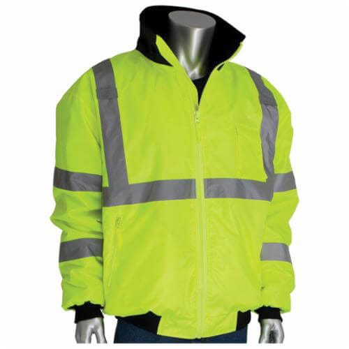 PIP® 333-1762-LY/3X Bomber Jacket with Zip-Out Fleece Liner, Hi-Viz Lime Yellow, Polyester, 66 in Chest, Resists: Water