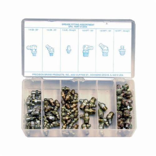 Precision Brand® 12945 Grease Fitting Kit, 90 Pieces, Use with Toolroom or Toolbox, Steel