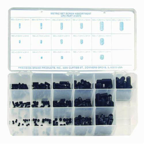 Precision Brand® 12975 Set Screw Assortment with Hexagon Recessed Head, High Grade Alloy Steel, 375 pc