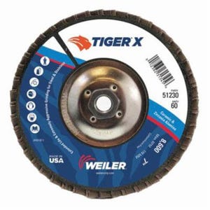 Weiler® 51228 Tiger® X Standard Density Coated Abrasive Flap Disc, 4-1/2 in dia Disc, 80 Grit, Medium Grade