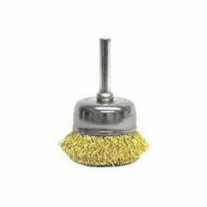 Weiler® 14314 Stem Mounted Utility Cup Brush, 1-3/4 in dia Brush, 0.0118 in dia Filament/Wire, Crimped, Brass Fill
