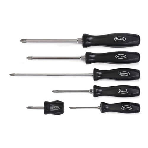 Williams® Screwdriver Set, Premium, Imperial, 6 pc, Comfort Grip, Phillips® Screwdriver Types Included, Alloy Steel, Polished Chrome