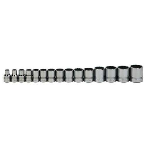 Williams® Socket Set, Supertorque®, Imperial, 15 pc, 12 Points, Included Socket Size: 3/8 in, 1/2 in Drive, Clip Rail, Polished Chrome