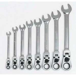 Williams® Combination Wrench Set, Ratcheting Reversible, Imperial, 5/16 to 3/4 in, 8 pc, 12-Point, Flexible Head, Polished Chrome