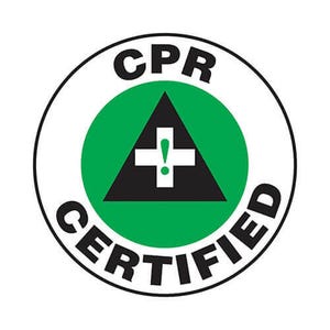 Accuform® LHTL115 Hard Hat Sticker, 2-1/4 in Length, 2-1/4 in Width, CPR CERTIFIED Legend, Adhesive Vinyl