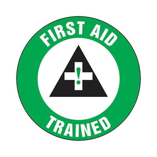 Accuform® LHTL312 Hard Hat Sticker, 2-1/4 in Length, 2-1/4 in Width, FIRST AID TRAINED Legend, Adhesive Vinyl