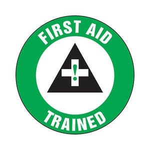 Accuform® LHTL312 Hard Hat Sticker, 2-1/4 in Length, 2-1/4 in Width, FIRST AID TRAINED Legend, Adhesive Vinyl