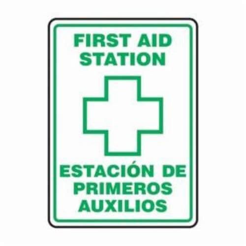 Accuform® SBMFSR504XV First Aid Sign, Bilingual, Legend: FIRST AID STATION/ESTACION DE PRIMEROS AUXILIOS (W/GRAPHIC)