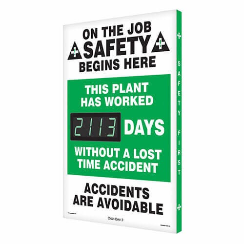 Accuform® SCK113 Electronic Safety Scoreboard, 28 in H, 20 in W, ON THE JOB SAFETY BEGINS HERE THIS PLANT HAS WORKED ___ DAYS…