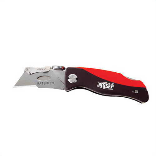 Bessey® D-BKPH Folding Utility Knife with Belt Clip, Plastic Handle Lock and Fold, Lockable Blade, Steel Blade, 5 Blades Included