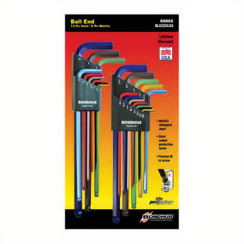 Bondhus® 69600 Extra Long Key Set, 22 pc, 0.05 to 3/8 in, 1.5 to 10 mm Hex, L-Handle, Protanium® High Torque Steel, ColorGuard™
