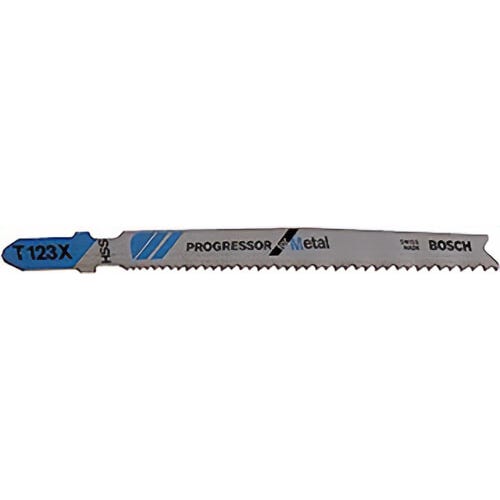 Bosch T123X100 Jig Saw Blade, Progressor, 4 in Length, 0.04 in Thickness, 10 to 24, Progressive/Ground/Side Set Teeth, T-Shank