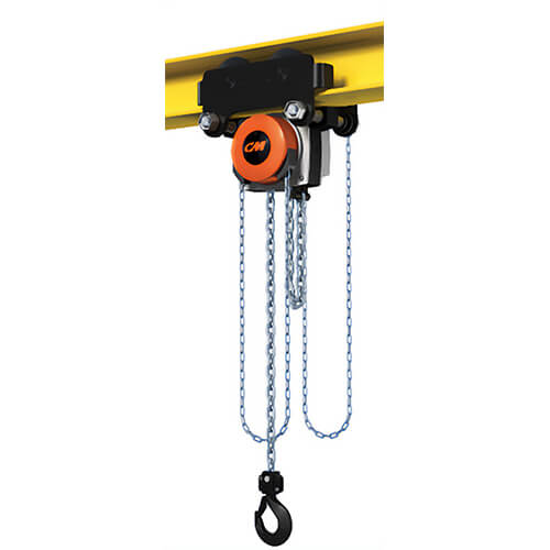 CM® 5639A Hurricane™ 360 Double Reeved Hand Chain Hoist, 5 ton Load, 10 ft H Lifting, 25-3/16 in Min Between Hooks, 76 lb Rated