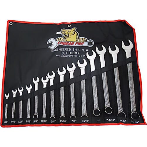 Wright® E914 Cougar Pro™ Combination Wrench Set, 14 pc, 3/8 to 1-1/4 in, Polished Chrome/Mirror Polished