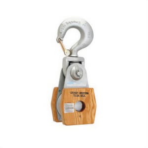 Western® 702108 T-385-B Wood Shell Snatch Block with Swivel Latch Hook, Manila Rope Cable, 3/4 to 7/8 in, 2 ton Load, 3 in OD