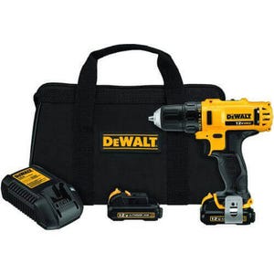 DeWALT® DCD710S2 Compact Lightweight Cordless Drill/Driver Kit, 3/8 in Chuck, 12 VDC, 0 to 400/0 to 1500 RPM No-Load, 7-1/2 in OAL