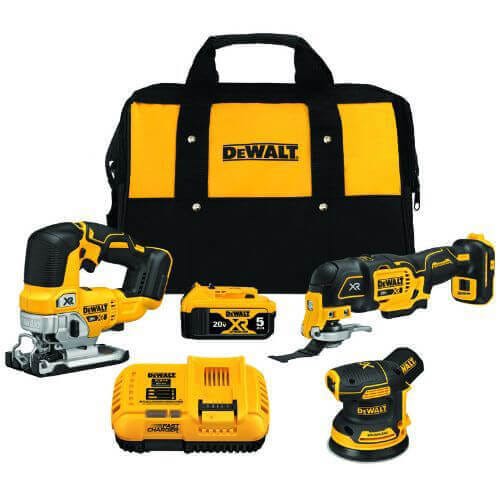 DeWALT® DCK300P1 Cordless Combination Kit, Tools: Random Orbital Sander, Oscillating Multi-Tool, Brushless Jig Saw, 20 V, 5 Ah Lithium-Ion Battery