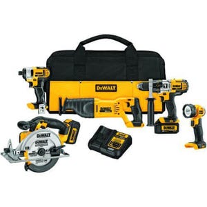DeWALT® DCK590L2 5-Tool Compact Cordless Combination Kit, Tools: Circular Saw, Hammer Drill, Impact Driver, Reciprocating Saw