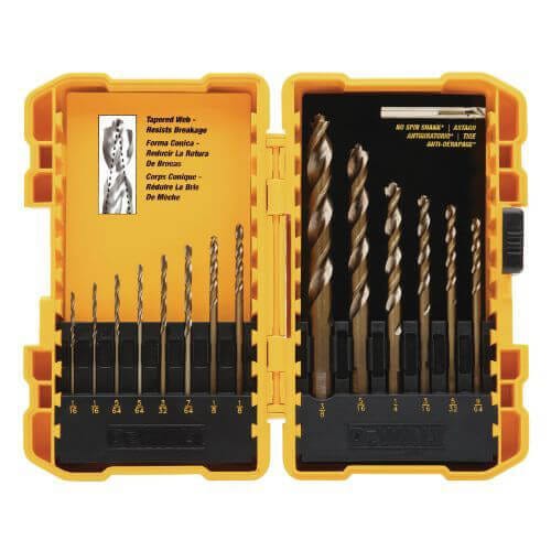 DeWALT® DW1169 Drill Bit Set, 1/16 in Min Drill Bit, 3/8 in Max Drill Bit, 135° Drill Point Angle, 14 pc, HSS, Gold Ferrous Oxide